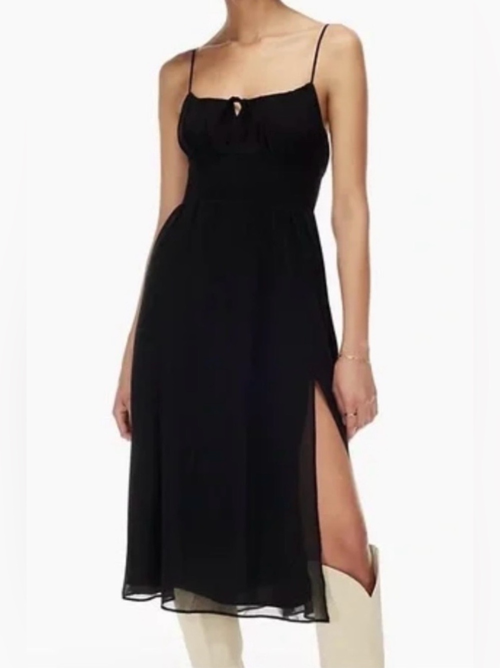 ARITZIA WILFRED BLACK FULLY LINED CHIFFON FRONT SLIT MIDI DRESS SIZE S